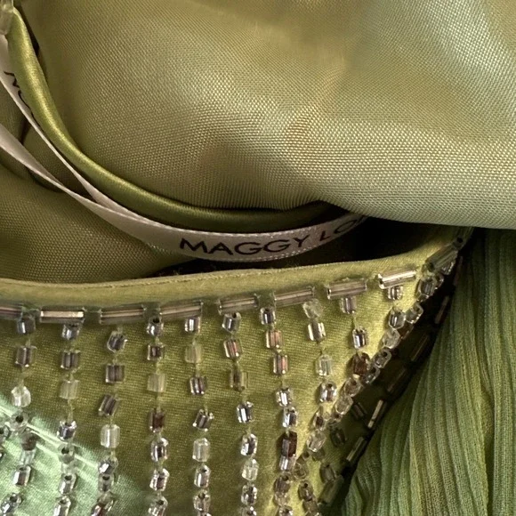 Vintage Green 100% Silk Beaded Halter Pleated Mini Dress Sz 14 Fairy Spring - Picture 4 of 10